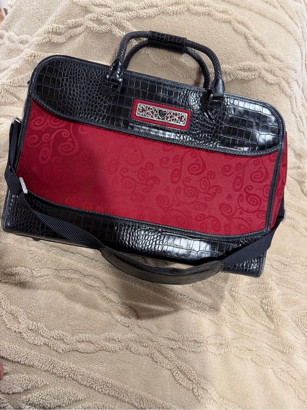 Brighton Vintage Black Croc-Trim Weekender Travel Bag with Ruby Red scroll Panel
